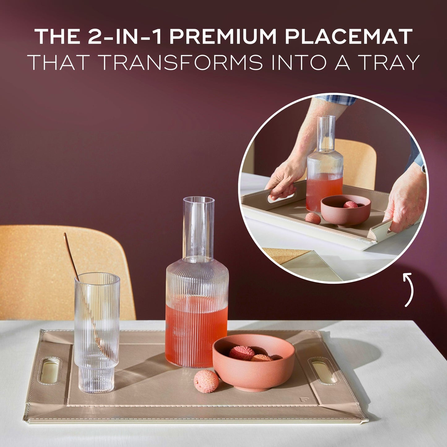DUO PLACEsMAT™ Convertible Food Tray and Placemat, 2-Color Faux Leather Reversible and Crafted with Premium Materials - Strong, Versatile and Stylish for any Décor.