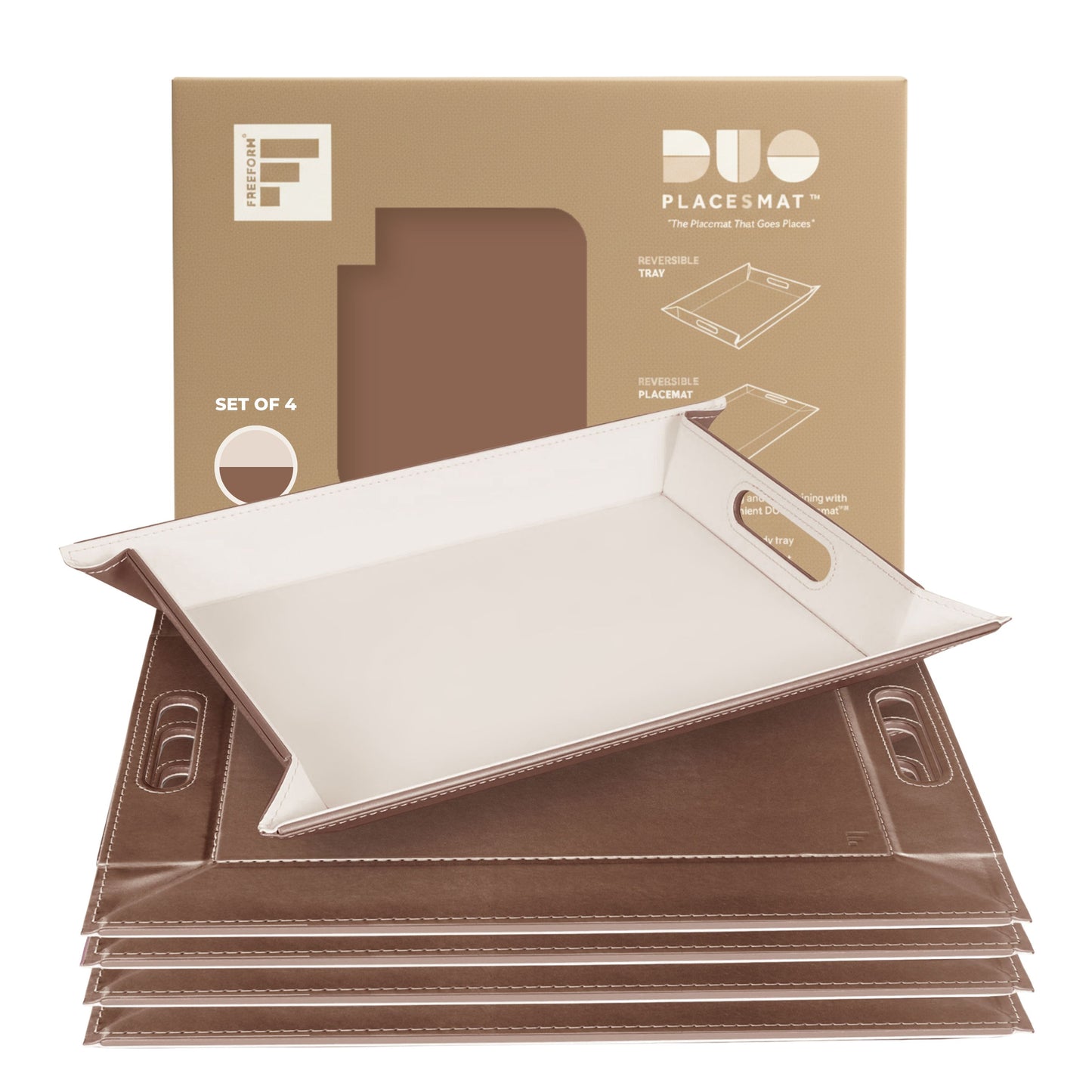 DUO PLACEsMAT Convertible Tray and Reversible Placemat, Crafted with Wood Core and Wrapped in 2-Color Premium Faux Leather - Strong, Versatile and Stylish for any Décor. Perfect for casual dining, parties, patio, ottoman, and as a desk mat. Space saving.