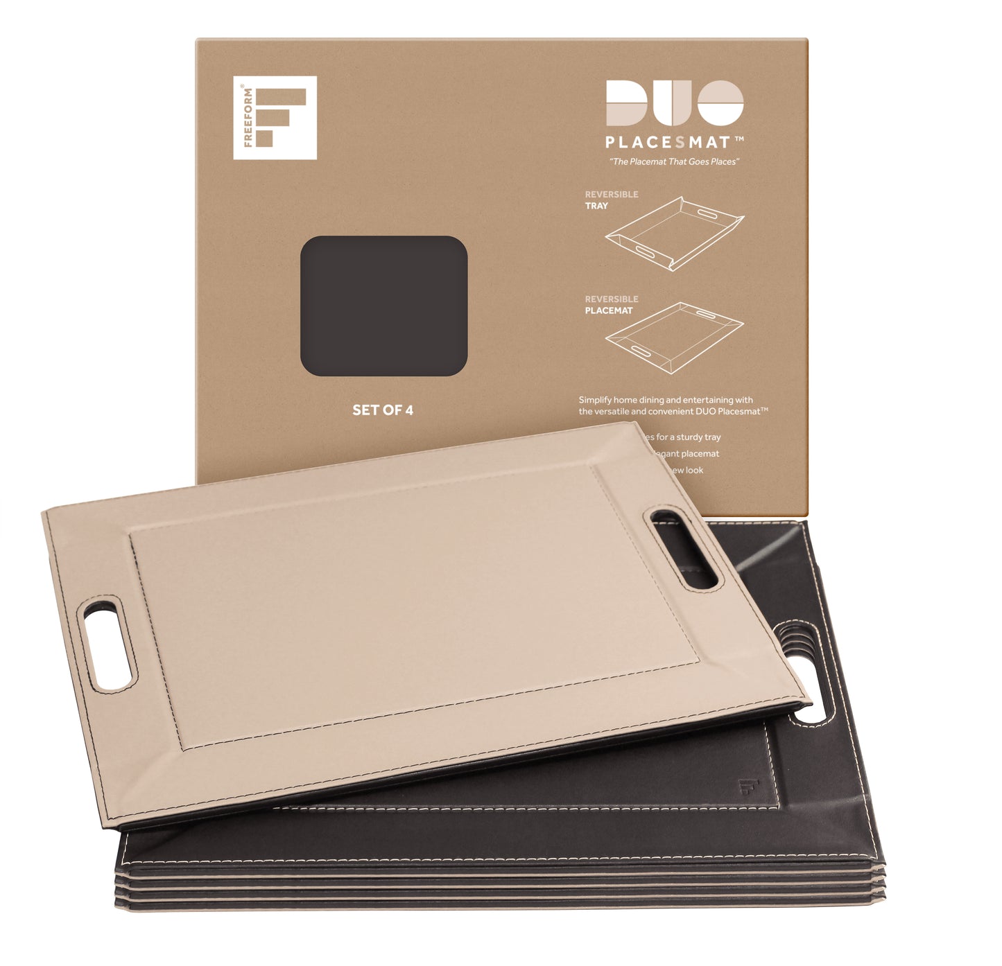 DUO PLACEsMAT Convertible Tray and Reversible Placemat, Crafted with Wood Core and Wrapped in 2-Color Premium Faux Leather - Strong, Versatile and Stylish for any Décor. Perfect for casual dining, parties, patio, ottoman, and as a desk mat. Space saving.