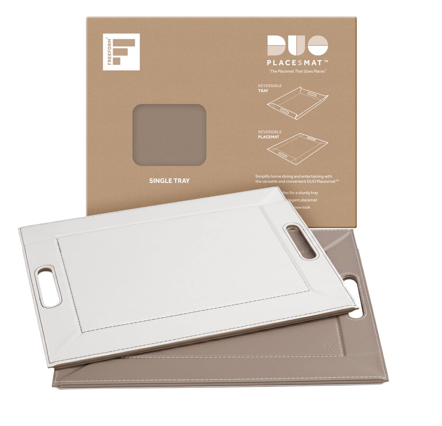 DUO PLACEsMAT Convertible Tray and Reversible Placemat, Crafted with Wood Core and Wrapped in 2-Color Premium Faux Leather - Strong, Versatile and Stylish for any Décor. Perfect for casual dining, parties, patio, ottoman, and as a desk mat. Space saving.