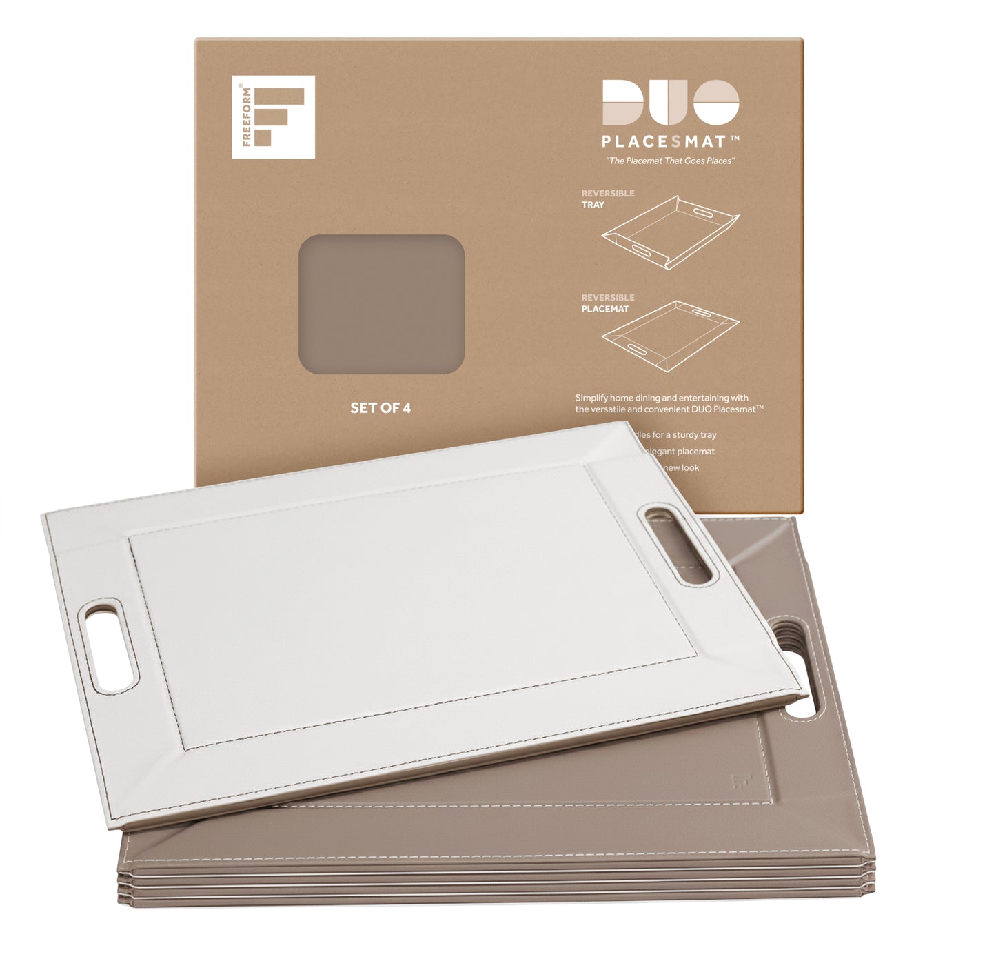 DUO PLACEsMAT Convertible Tray and Reversible Placemat, Crafted with Wood Core and Wrapped in 2-Color Premium Faux Leather - Strong, Versatile and Stylish for any Décor. Perfect for casual dining, parties, patio, ottoman, and as a desk mat. Space saving.