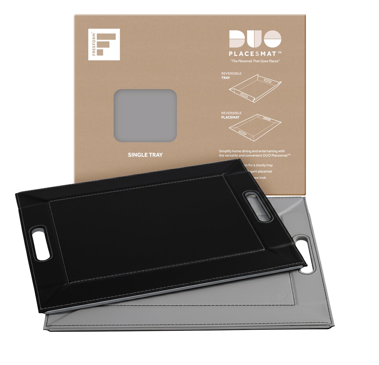 DUO PLACEsMAT Convertible Tray and Reversible Placemat, Crafted with Wood Core and Wrapped in 2-Color Premium Faux Leather - Strong, Versatile and Stylish for any Décor. Perfect for casual dining, parties, patio, ottoman, and as a desk mat. Space saving.