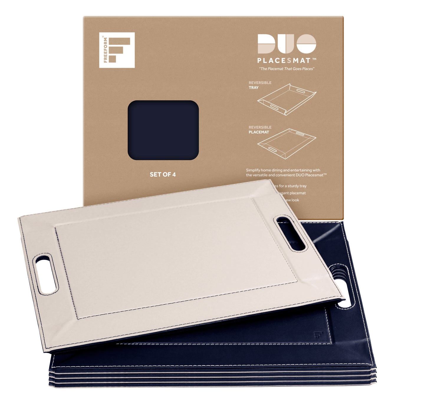 DUO PLACEsMAT Convertible Tray and Reversible Placemat, Crafted with Wood Core and Wrapped in 2-Color Premium Faux Leather - Strong, Versatile and Stylish for any Décor. Perfect for casual dining, parties, patio, ottoman, and as a desk mat. Space saving.