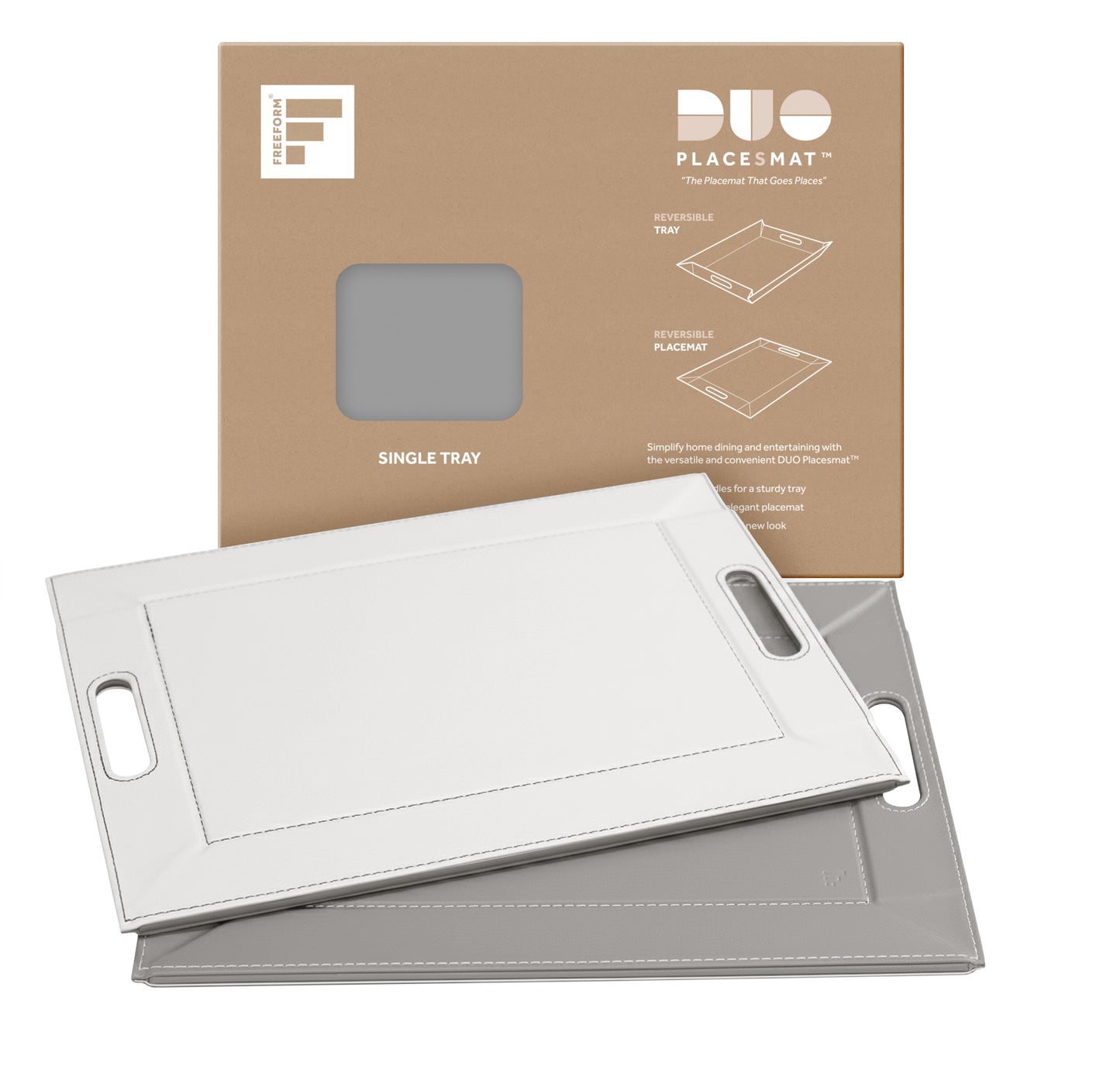 DUO PLACEsMAT Convertible Tray and Reversible Placemat, Crafted with Wood Core and Wrapped in 2-Color Premium Faux Leather - Strong, Versatile and Stylish for any Décor. Perfect for casual dining, parties, patio, ottoman, and as a desk mat. Space saving.