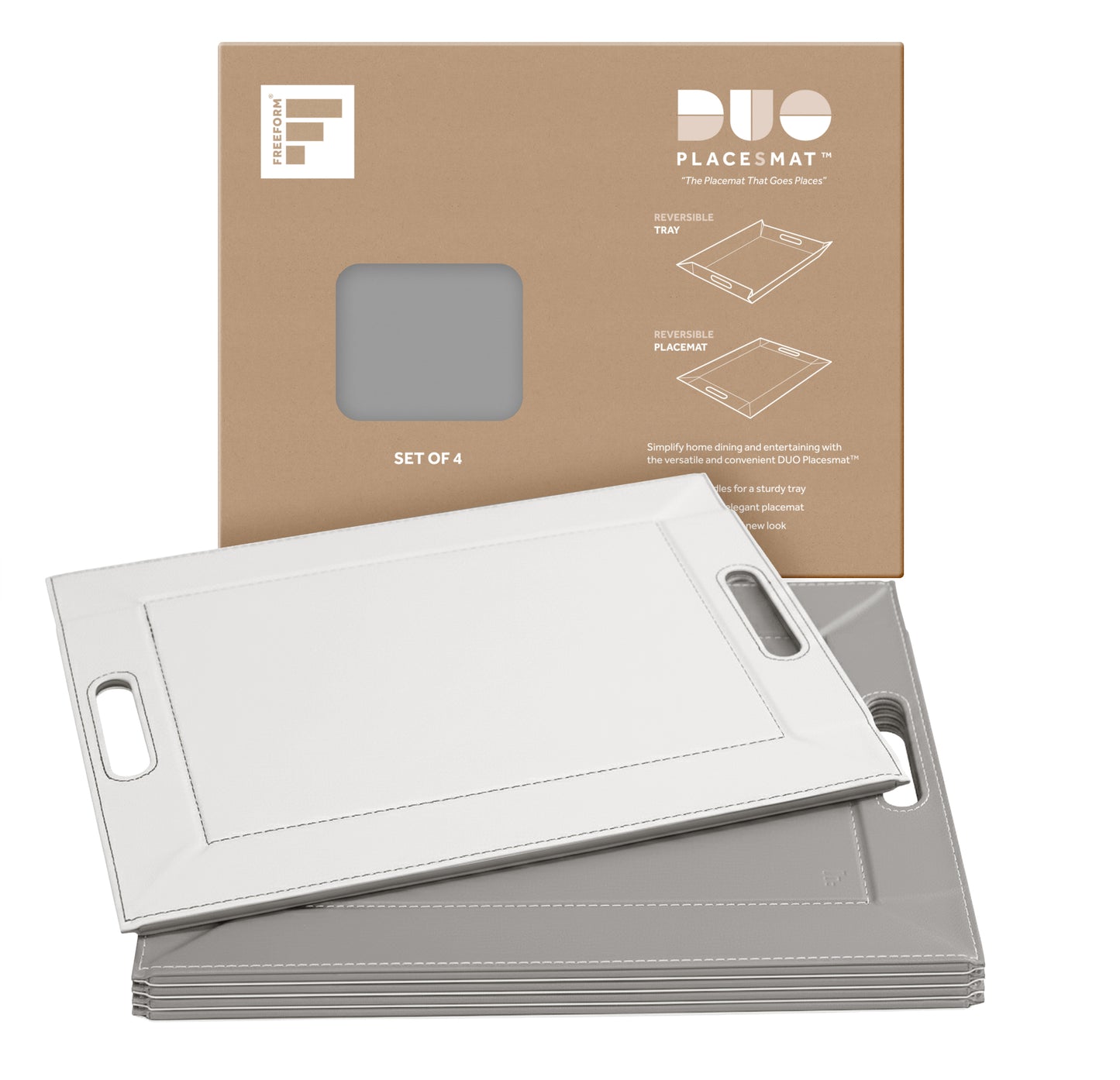 DUO PLACEsMAT Convertible Tray and Reversible Placemat, Crafted with Wood Core and Wrapped in 2-Color Premium Faux Leather - Strong, Versatile and Stylish for any Décor. Perfect for casual dining, parties, patio, ottoman, and as a desk mat. Space saving.