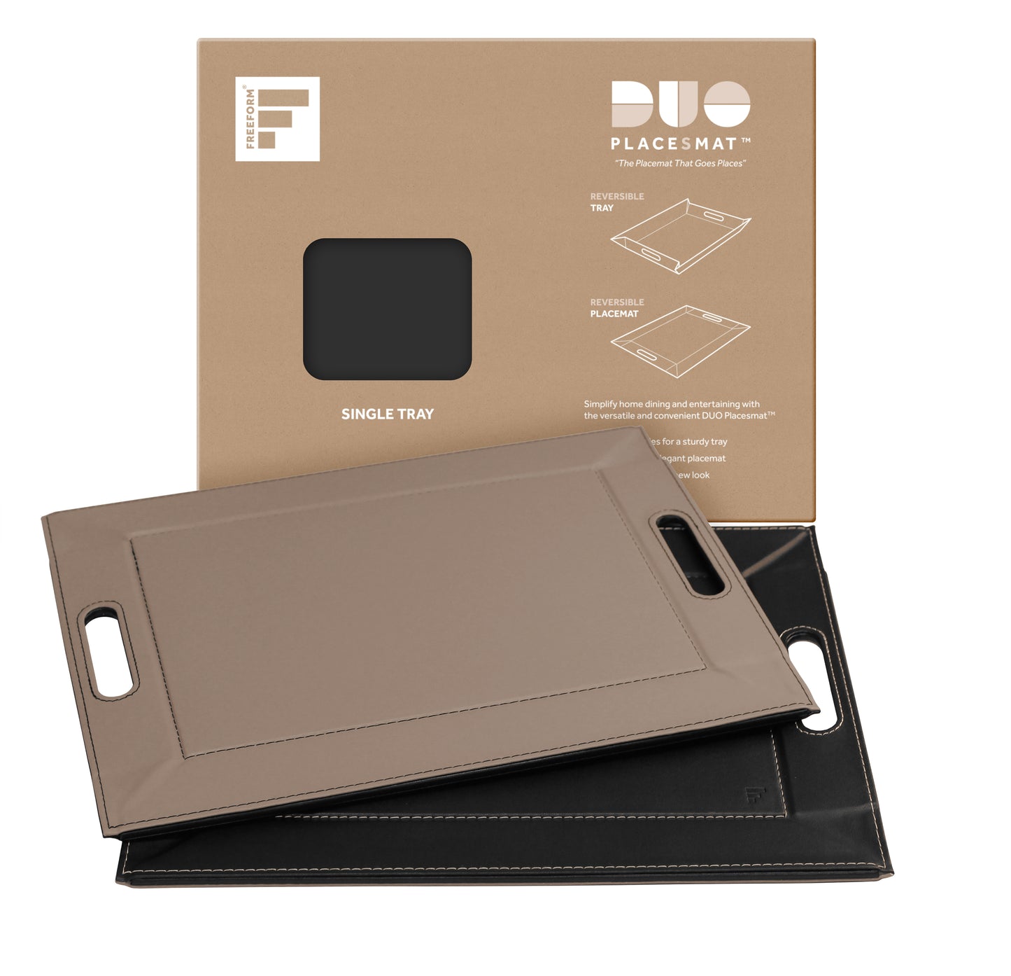 DUO PLACEsMAT Convertible Tray and Reversible Placemat, Crafted with Wood Core and Wrapped in 2-Color Premium Faux Leather - Strong, Versatile and Stylish for any Décor. Perfect for casual dining, parties, patio, ottoman, and as a desk mat. Space saving.