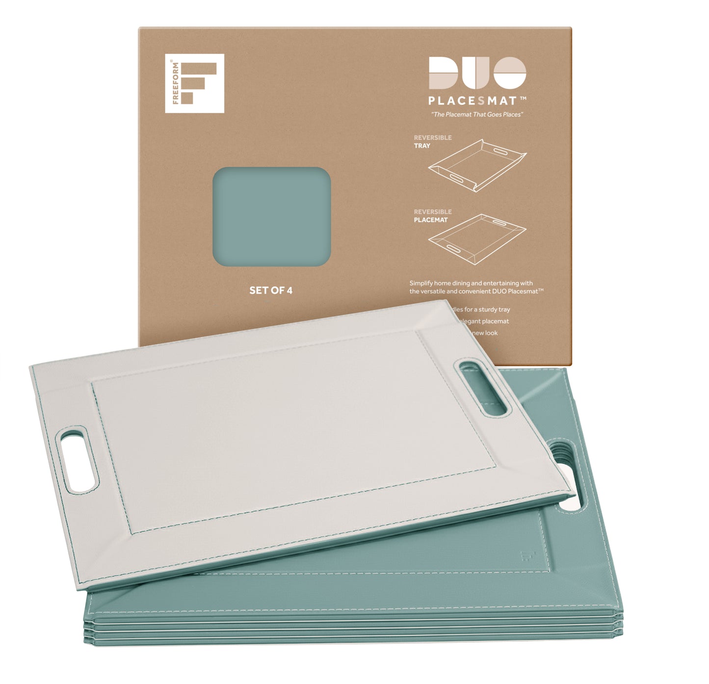 DUO PLACEsMAT Convertible Tray and Reversible Placemat, Crafted with Wood Core and Wrapped in 2-Color Premium Faux Leather - Strong, Versatile and Stylish for any Décor. Perfect for casual dining, parties, patio, ottoman, and as a desk mat. Space saving.