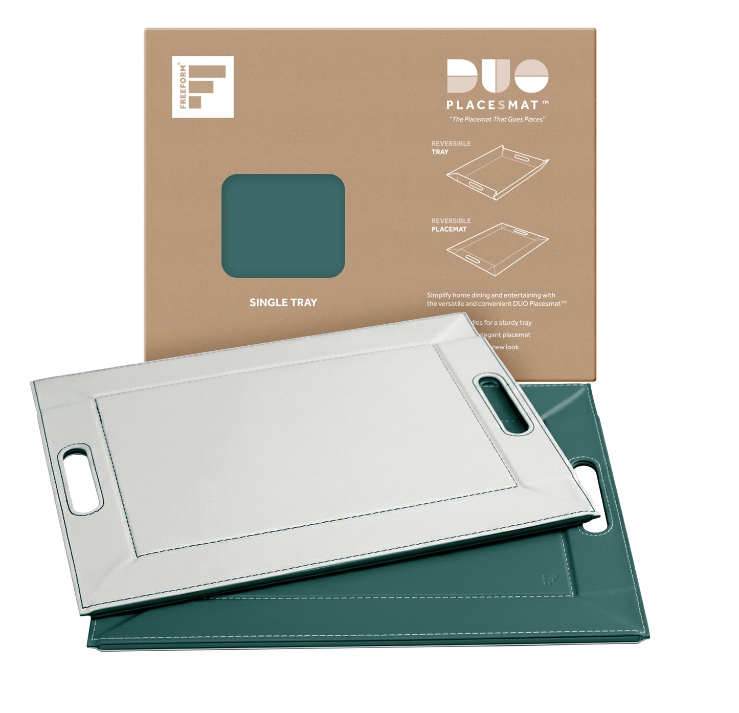 DUO PLACEsMAT Convertible Tray and Reversible Placemat, Crafted with Wood Core and Wrapped in 2-Color Premium Faux Leather - Strong, Versatile and Stylish for any Décor. Perfect for casual dining, parties, patio, ottoman, and as a desk mat. Space saving.