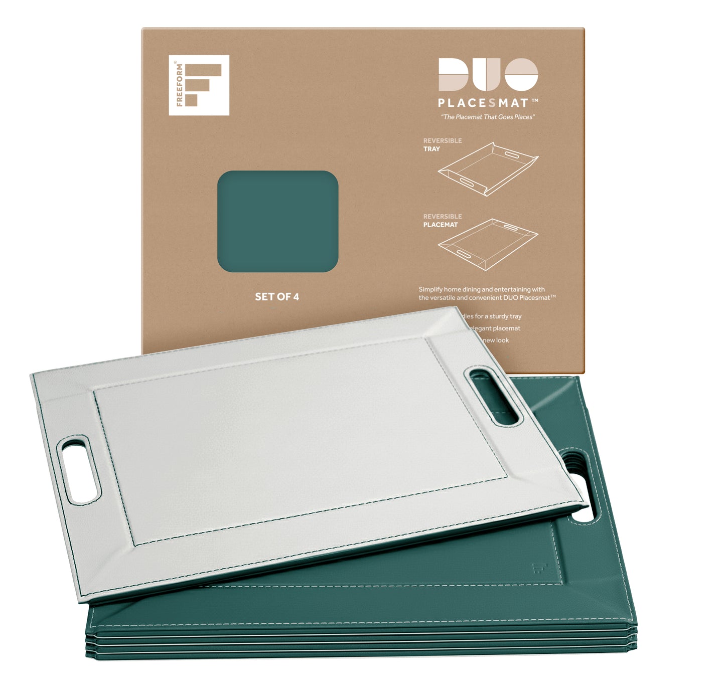 DUO PLACEsMAT Convertible Tray and Reversible Placemat, Crafted with Wood Core and Wrapped in 2-Color Premium Faux Leather - Strong, Versatile and Stylish for any Décor. Perfect for casual dining, parties, patio, ottoman, and as a desk mat. Space saving.