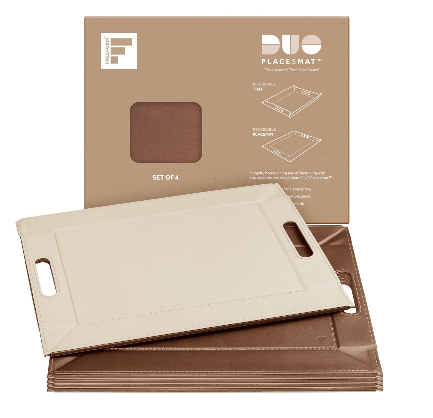 DUO PLACEsMAT Convertible Tray and Reversible Placemat, Crafted with Wood Core and Wrapped in 2-Color Premium Faux Leather - Strong, Versatile and Stylish for any Décor. Perfect for casual dining, parties, patio, ottoman, and as a desk mat. Space saving.