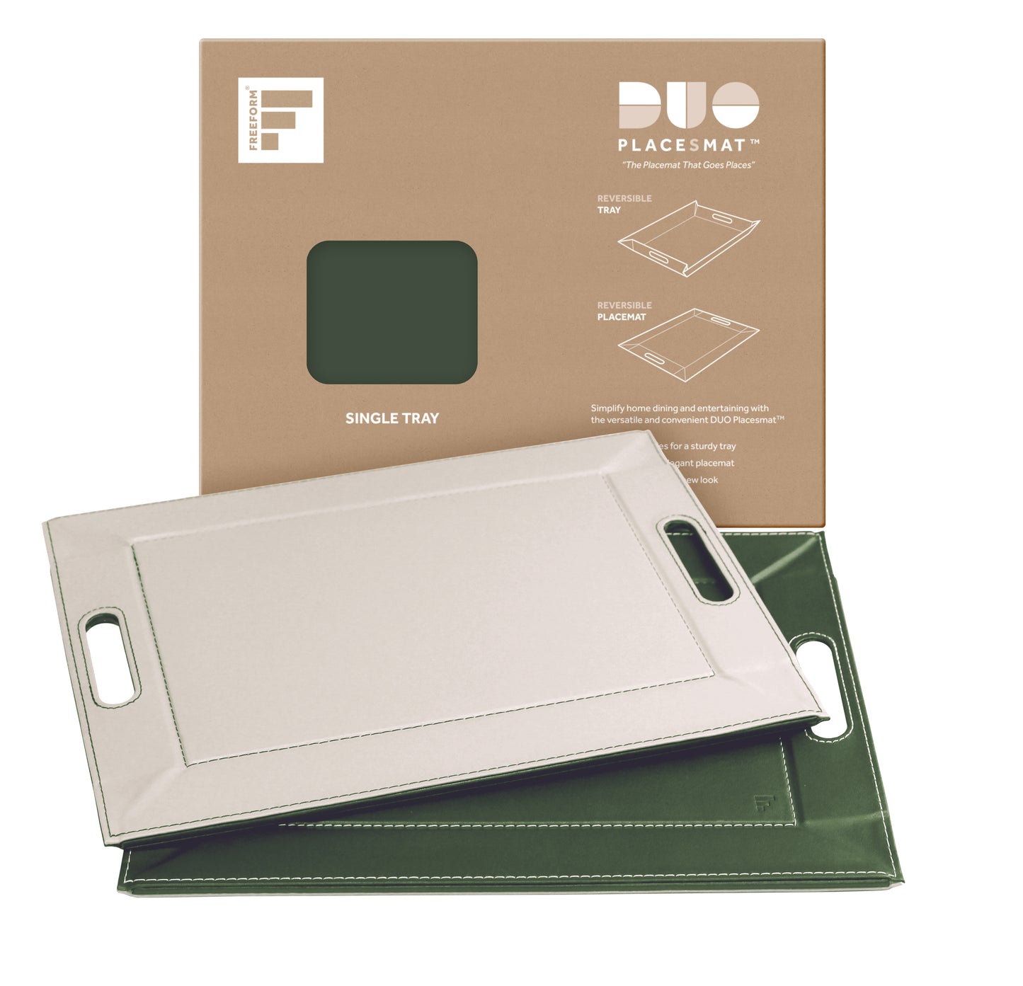 DUO PLACEsMAT Convertible Tray and Reversible Placemat, Crafted with Wood Core and Wrapped in 2-Color Premium Faux Leather - Strong, Versatile and Stylish for any Décor. Perfect for casual dining, parties, patio, ottoman, and as a desk mat. Space saving.