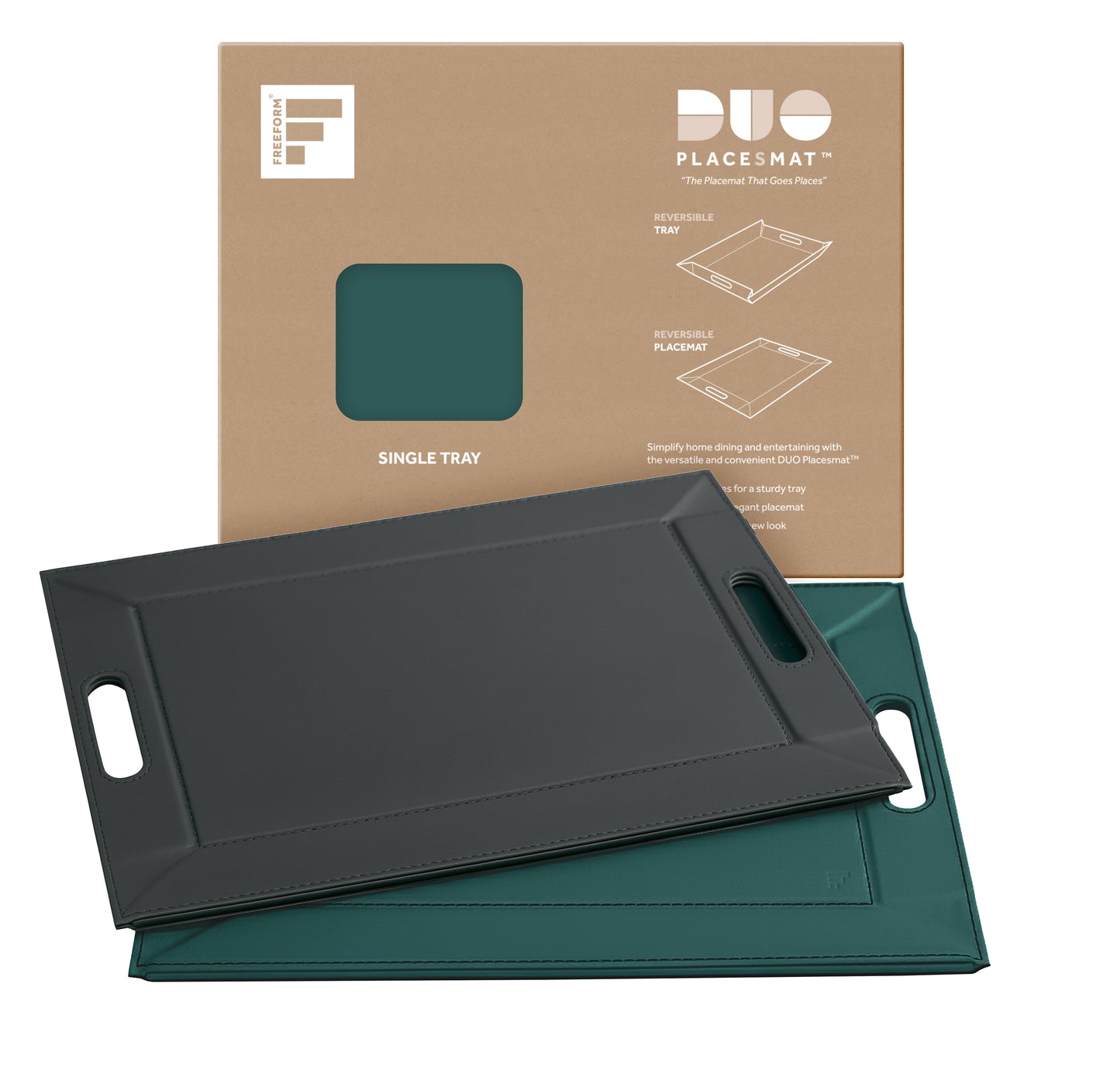 DUO PLACEsMAT Convertible Tray and Reversible Placemat, Crafted with Wood Core and Wrapped in 2-Color Premium Faux Leather - Strong, Versatile and Stylish for any Décor. Perfect for casual dining, parties, patio, ottoman, and as a desk mat. Space saving.