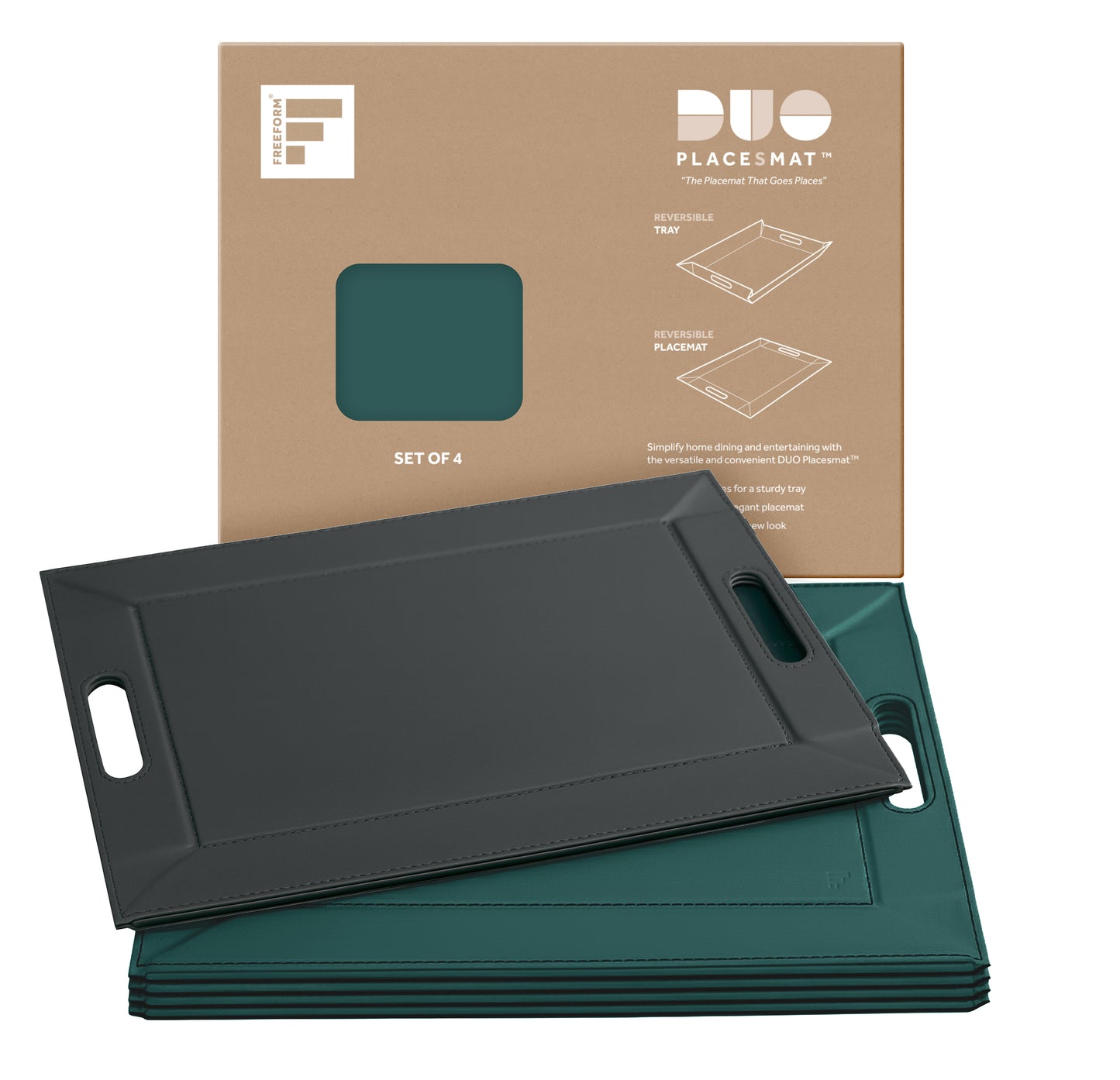 DUO PLACEsMAT Convertible Tray and Reversible Placemat, Crafted with Wood Core and Wrapped in 2-Color Premium Faux Leather - Strong, Versatile and Stylish for any Décor. Perfect for casual dining, parties, patio, ottoman, and as a desk mat. Space saving.