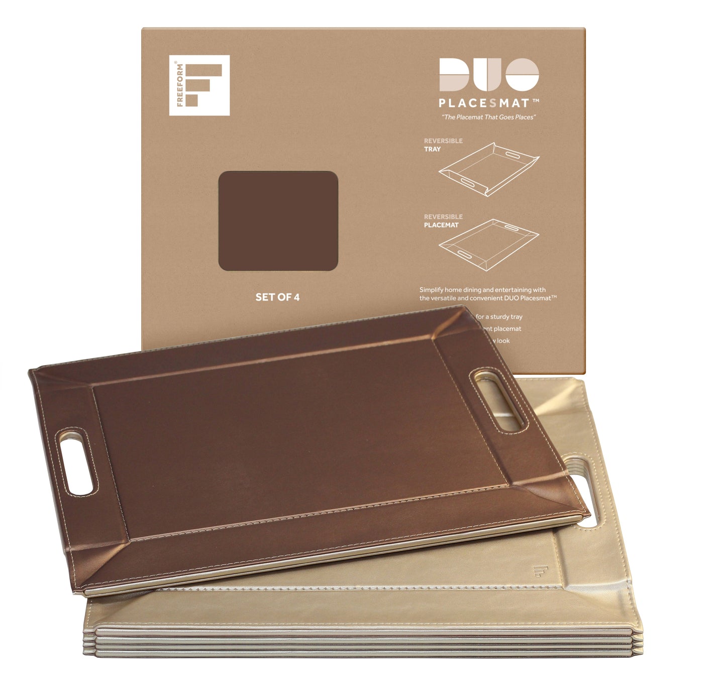 DUO PLACEsMAT Convertible Tray and Reversible Placemat, Crafted with Wood Core and Wrapped in 2-Color Premium Faux Leather - Strong, Versatile and Stylish for any Décor. Perfect for casual dining, parties, patio, ottoman, and as a desk mat. Space saving.