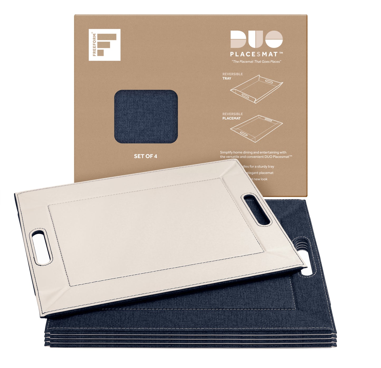DUO PLACEsMAT Convertible Tray and Reversible Placemat, Crafted with Wood Core and Wrapped in 2-Color Premium Faux Leather - Strong, Versatile and Stylish for any Décor. Perfect for casual dining, parties, patio, ottoman, and as a desk mat. Space saving.