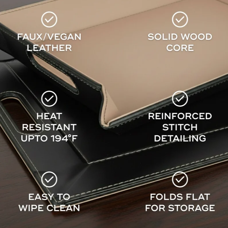 DUO PLACEsMAT Convertible Tray and Reversible Placemat, Crafted with Wood Core and Wrapped in 2-Color Premium Faux Leather - Strong, Versatile and Stylish for any Décor. Perfect for casual dining, parties, patio, ottoman, and as a desk mat. Space saving.