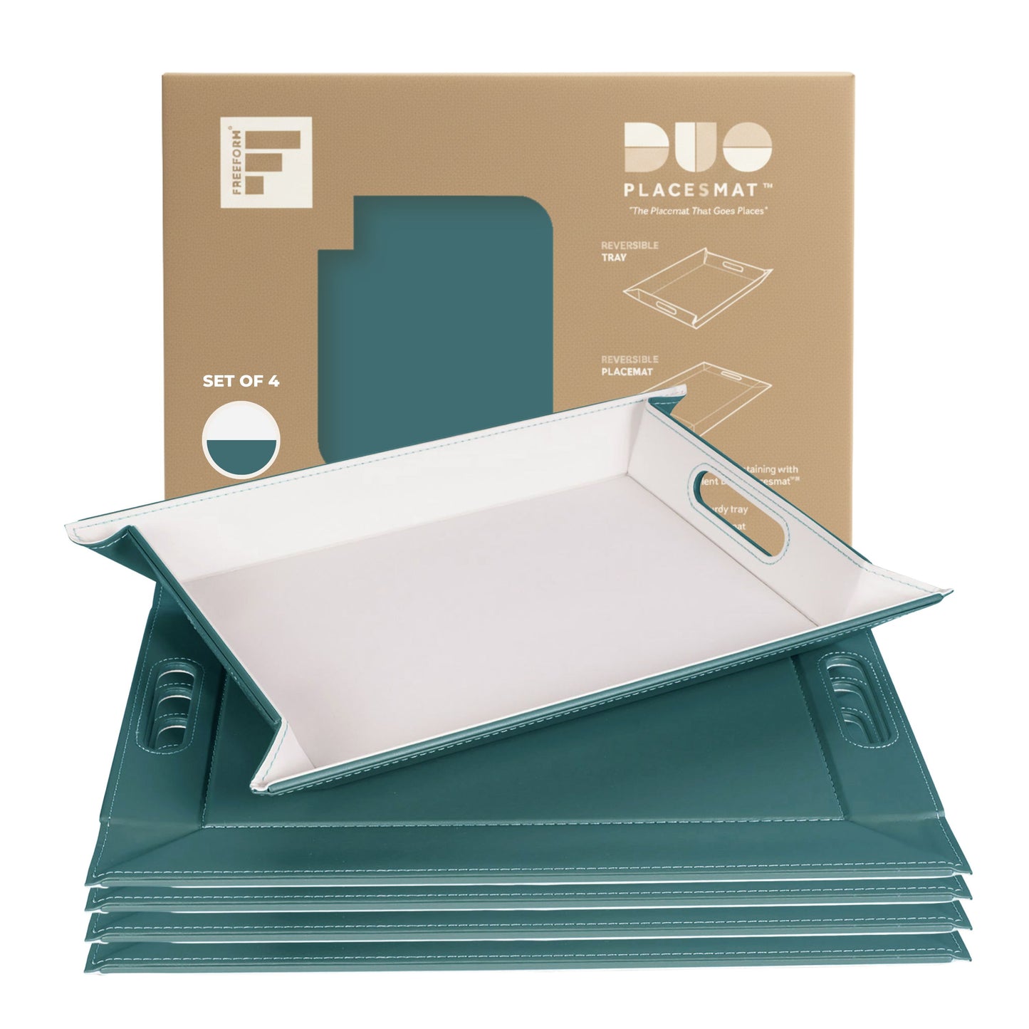 DUO PLACEsMAT Convertible Tray and Reversible Placemat, Crafted with Wood Core and Wrapped in 2-Color Premium Faux Leather - Strong, Versatile and Stylish for any Décor. Perfect for casual dining, parties, patio, ottoman, and as a desk mat. Space saving.