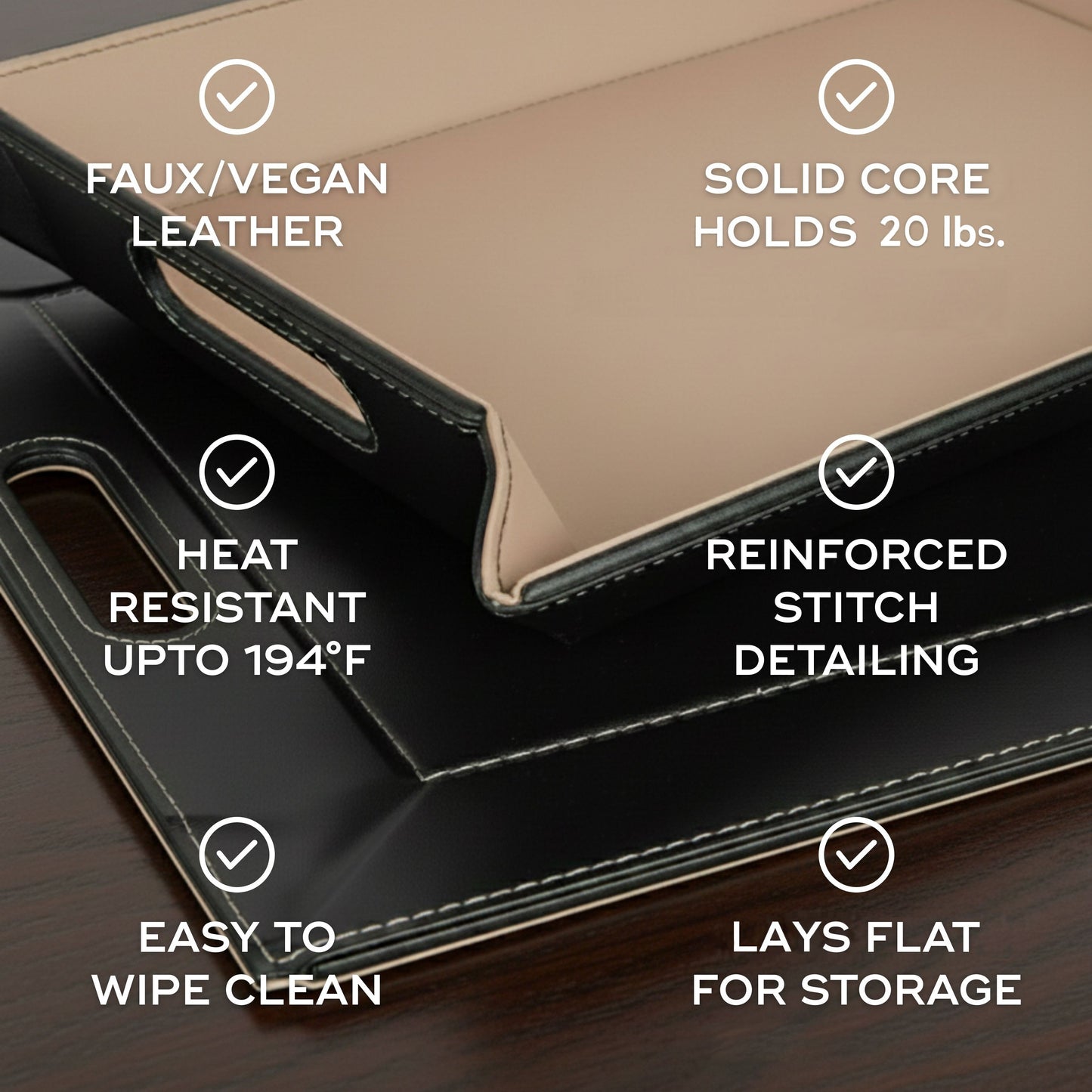 DUO PLACEsMAT Convertible Tray and Reversible Placemat, Crafted with Wood Core and Wrapped in 2-Color Premium Faux Leather - Strong, Versatile and Stylish for any Décor. Perfect for casual dining, parties, patio, ottoman, and as a desk mat. Space saving.